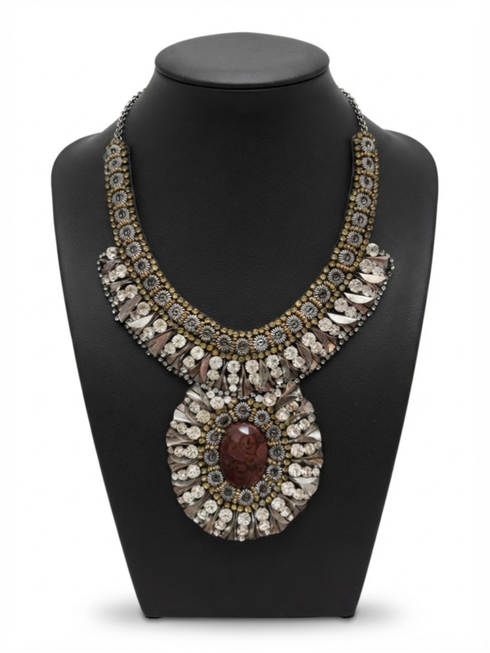 Women's Statement Necklace acrylic and metal Brown Silver 15”